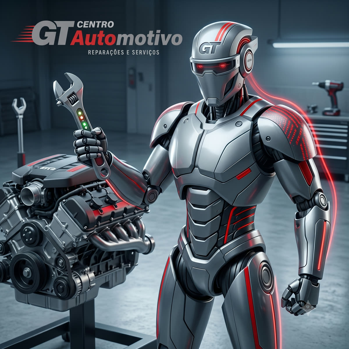 Mascote da GT Centro Automotivo — robô mecânico segurando uma chave